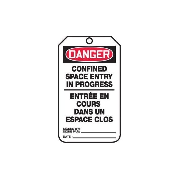 Accuform French Bilingual Safety Tags, DANGER CONFINED SPACE ENTRY IN PROGRESS, 5.75in x 3.25in, 25PK TCF140PTP - main